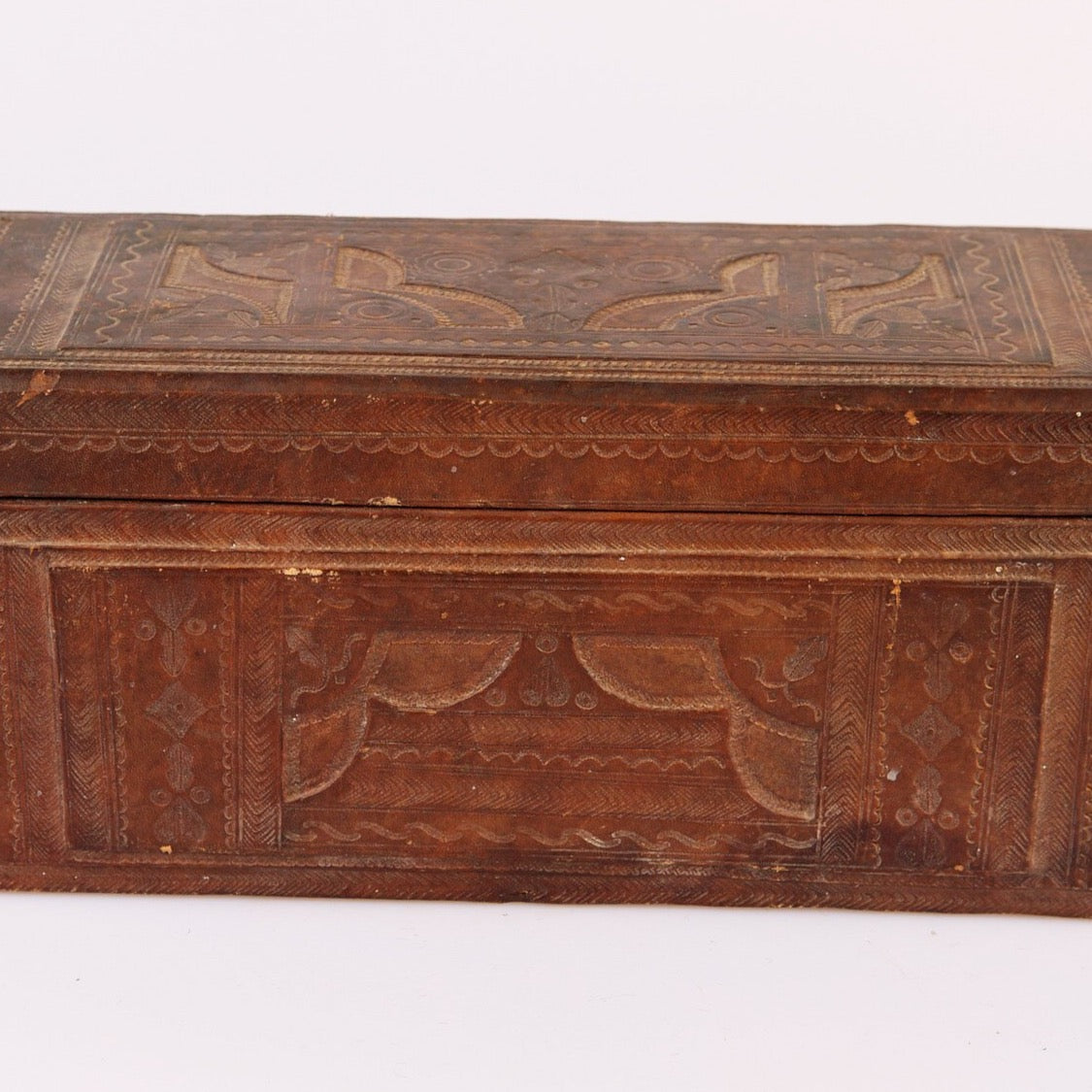 Carved Wooden Box with Leather Lining from North Africa